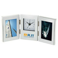 Brushed Aluminum Photo Frame w/ Analog Clock (Holds 2 2"x3" Photos)